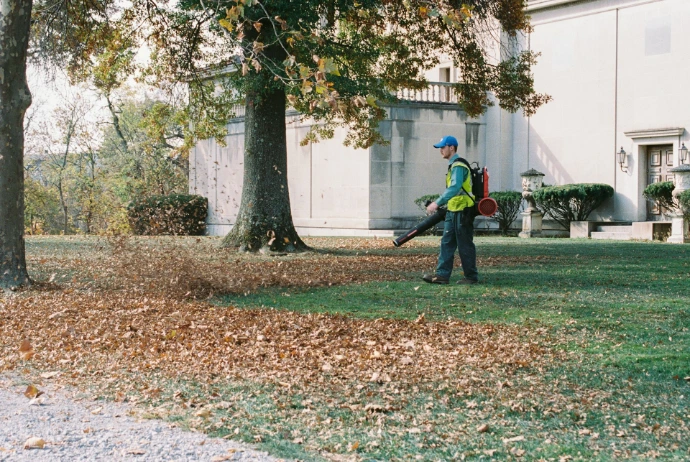 A man with a leaf blower in a yard